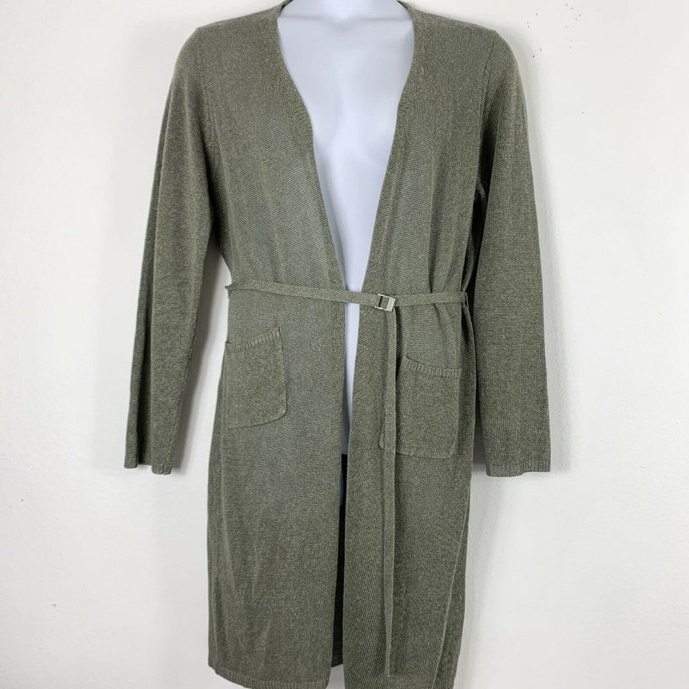Calvin Klein Olive Green Long Open-Front Cardigan with Belt